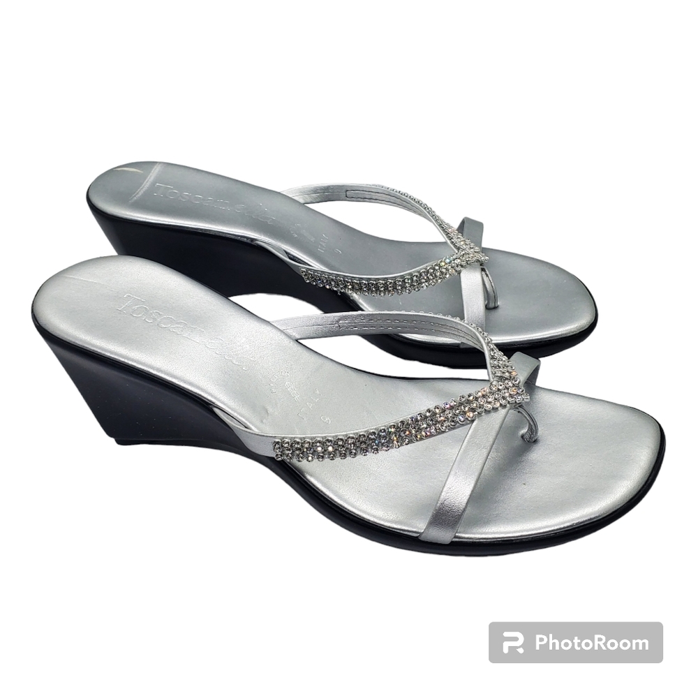 Toscanella Wedge Thong Silver Sandals Sz. 9